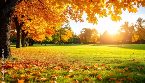 秋のイメージ　紅葉の木々が生える公園、広場