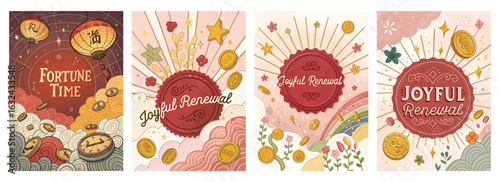 Set of four posters featuring Asian-inspired designs with themes of fortune and renewal