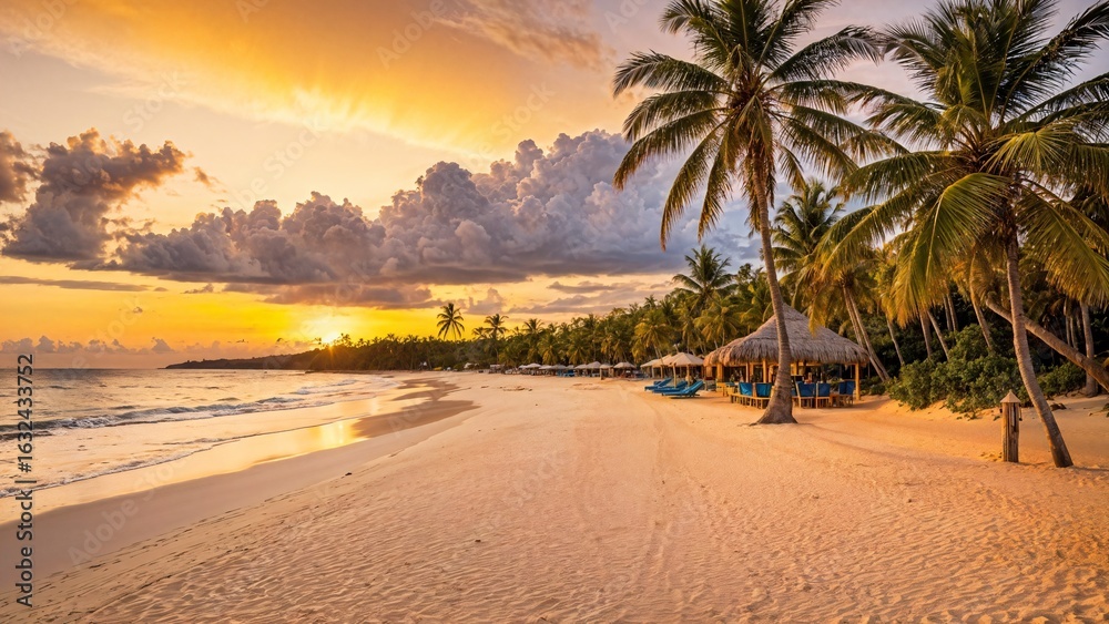 Fototapeta premium Beautiful sunset on the tropical beach with palm trees and umbrellas