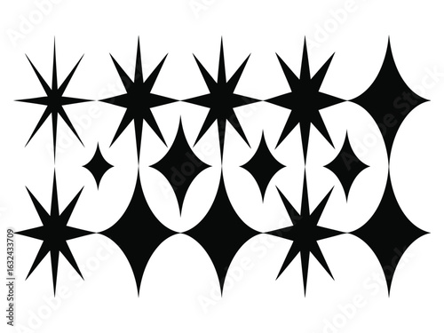 A set of various black starburst and sparkle shapes. Minimalist retro geometric icons for decoration and design.