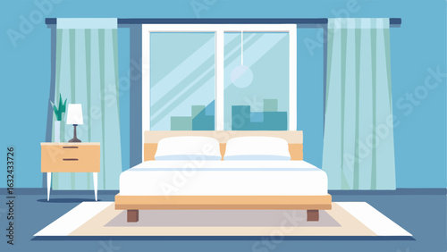 A minimalist bedroom with a white platform bed light wood nightstands and a large window with white curtains.