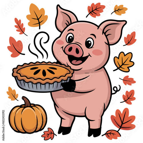 pig holding a delicious pumpkin pie with autumn leaves around it and a pumpkin