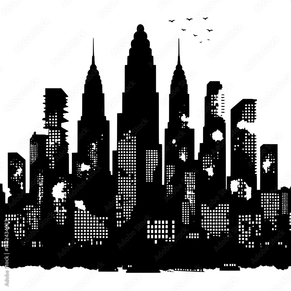 Naklejka premium Black and White Vector Silhouette of a City Skyline with Missing Buildings