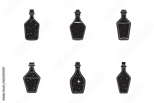 Collection of Fantasy Potion Bottles with Magical Starry Sky Liquid on White Background for Game Design