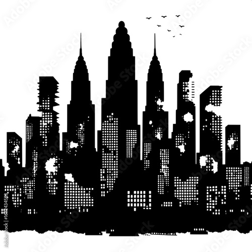 Black and White Vector Silhouette of a City Skyline with Missing Buildings