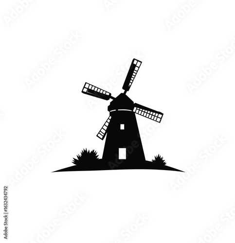Vector art of black silhouette of a windmill isolated on white background, vector illustration