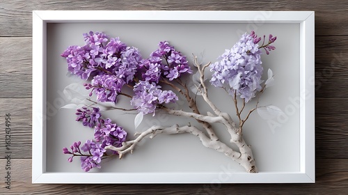 An elegant lilac flower arrangement in a white frame, placed against a wooden background for a timeless and delicate aesthetic.