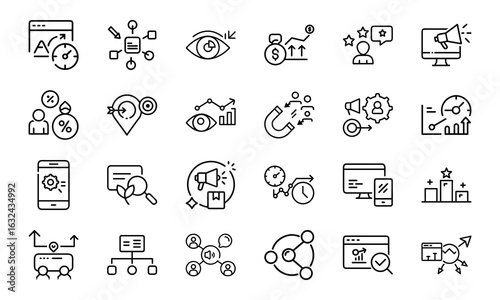 24 SEO and Digital Marketing Line Icons – Analytics, Social Media, Automation, Mobile Ads, Global Marketing, Search Optimization Vector Icon Set for Websites, Apps & Online Business Projects