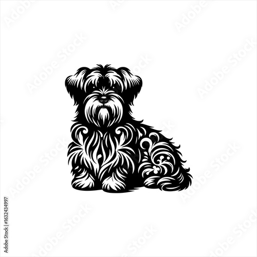 Black and white ornamental dog silhouette with floral patterns