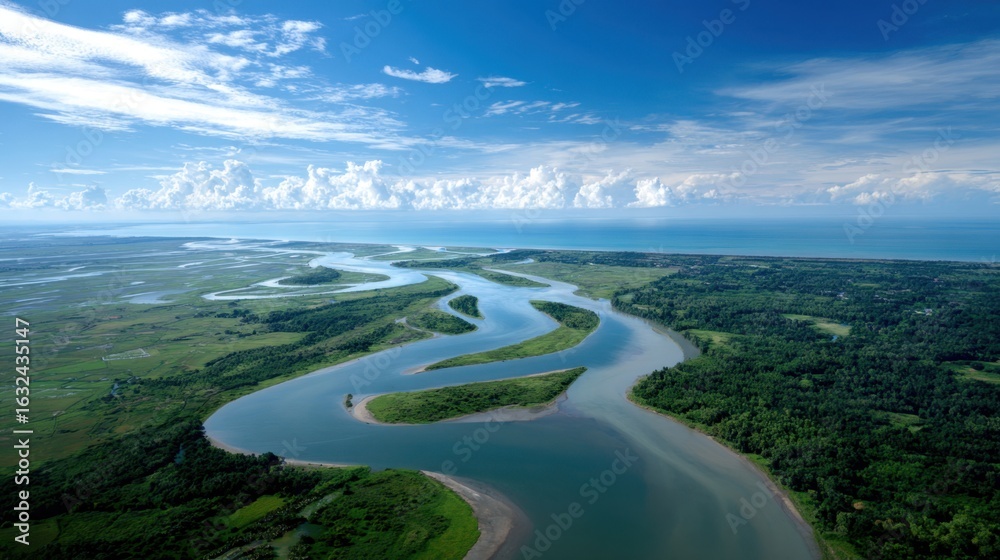 Fototapeta premium Aerial view of a wide river delta, channels winding through wetlands, lush green vegetation, rich biodiversity, great for environmental or nature documentary stock photo