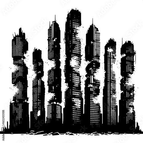 Black and White Vector Silhouette of Shattered Windows on Tall Buildings