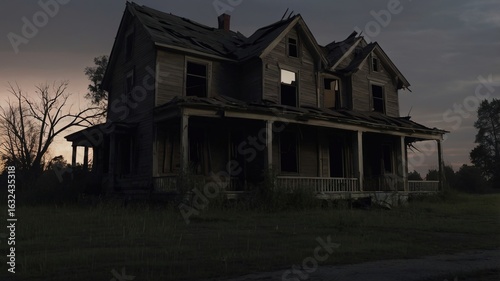 an old abandon wooden hunted house in evening