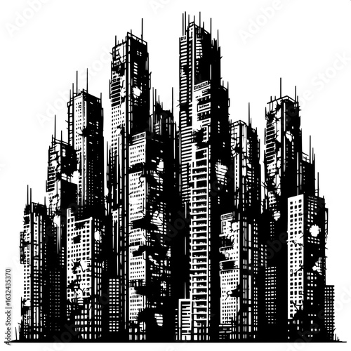 Black and White Vector Silhouette of Shattered Windows on Tall Buildings