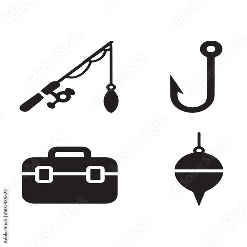Vector art of a collection of black and white icons representing fishing equipment including a rod, reel, hook, tackle box, and bobber