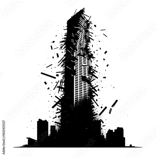 Black and White Vector Silhouette of a Collapsed Skyscraper