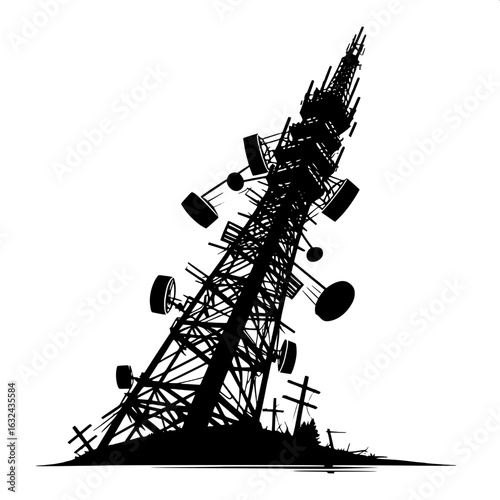 Black and White Vector Silhouette of a Toppled Radio Tower