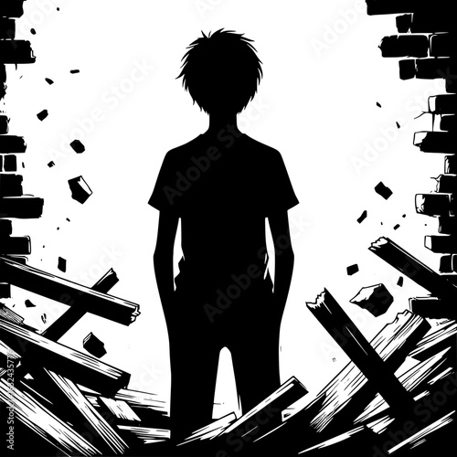 Black and White Vector Silhouette of a Boy Standing in Rubble