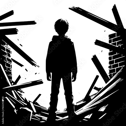 Black and White Vector Silhouette of a Boy Standing in Rubble