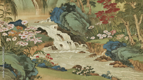 Serene Waterfall Amidst Lush Gardens and Blooming Flowers