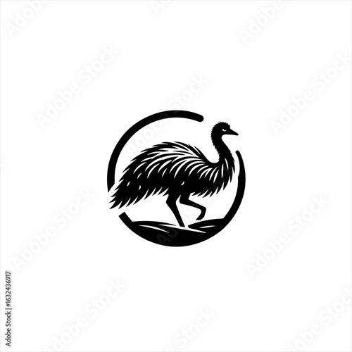 Black silhouette of an emu bird in a circle on a white background