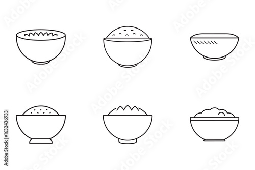 Collection of minimalist bowl icons with different fillings for restaurant menus and culinary designs vector outline illustration