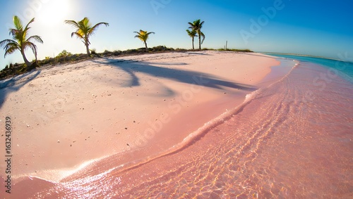 Pink Glitter Beach Paradise – Tropical Fantasy Scene with Palm Trees and Cotton Candy Sky