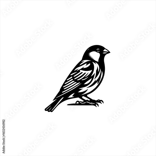 Stylized black and white silhouette of a sparrow perched