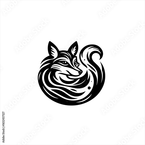 Stylized black and white fox illustration with swirling tail
