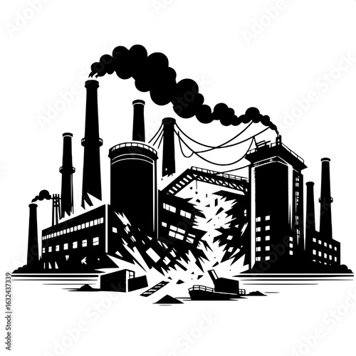 Black and White Vector Silhouette of Collapsed Factory Building