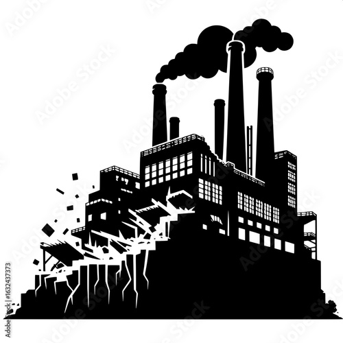 Black and White Vector Silhouette of Collapsed Factory Building