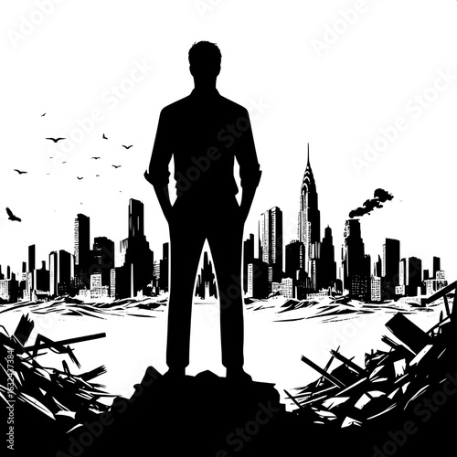 Black and White Vector Silhouette of a Man Standing in Front of Ruined City