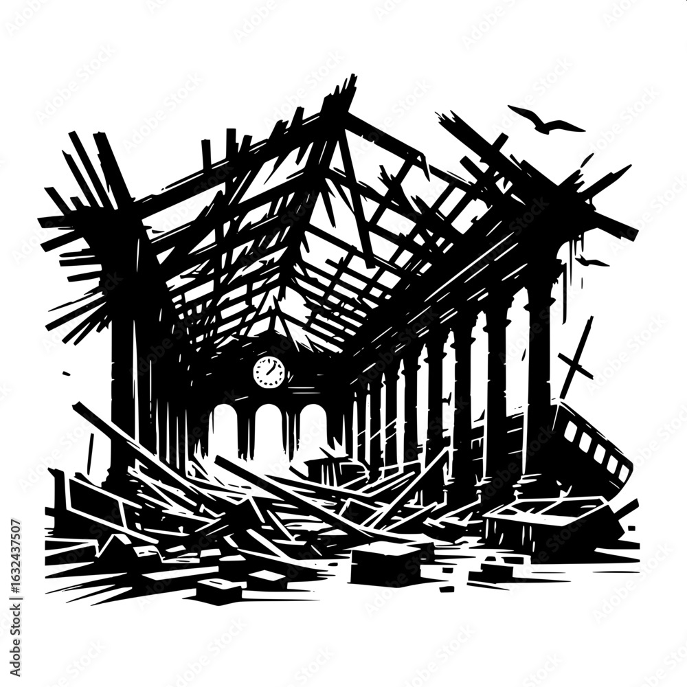Fototapeta premium Black and White Vector Silhouette of a Train Station in Ruins