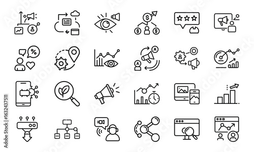 24 SEO and Digital Marketing Line Icons – Analytics, Social Media, Automation, Mobile Ads, Global Marketing, Search Optimization Vector Icon Set for Websites, Apps & Online Business Projects