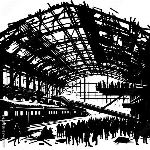 Black and White Vector Silhouette of a Train Station in Ruins