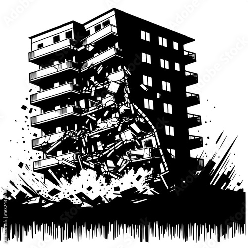 Black and White Vector Silhouette of a Collapsed Apartment Block
