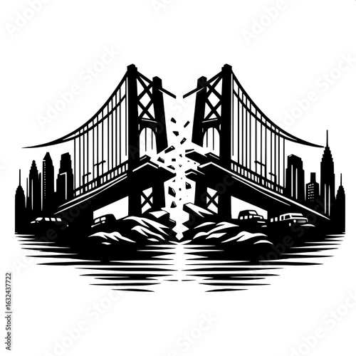Black and White Vector Silhouette of a Broken Bridge Over River