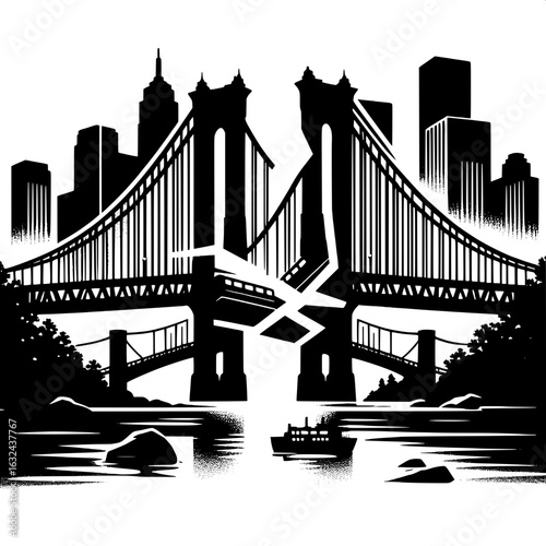 Black and White Vector Silhouette of a Broken Bridge Over River