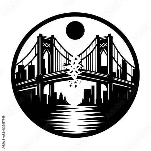 Black and White Vector Silhouette of a Broken Bridge Over River