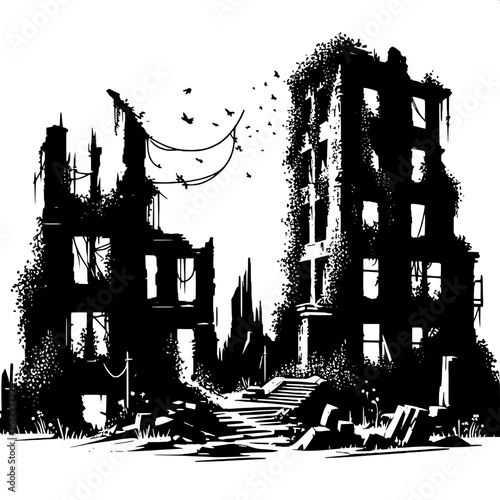Black and White Vector Silhouette of an Abandoned City with Overgrown Plants