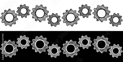 Isolated vector image of gears, two variants of design on transparent and black background, pencil drawing, chalk drawing, seamless border

