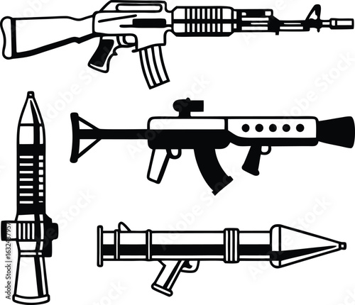 Armory of Combat: Detailed vector illustration of four assorted firearms and weaponry for conflict, showcasing the power and precision of military grade equipment in a crisp, graphical style.