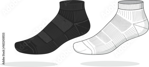 PrintAnkle socks, black and white, athletic socks, comfortable design, breathable fabric, sport socks, unisex, isolated, modern, stylish, supportive fit, detailed texture, foot apparel,