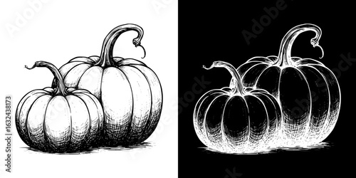 Isolated vector image of two pumpkins in pencil and chalk drawing style, two variants of design on transparent and black background