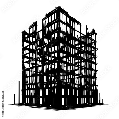 Black and White Vector Silhouette of a Burnt Building Frame