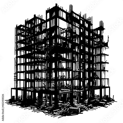 Black and White Vector Silhouette of a Burnt Building Frame