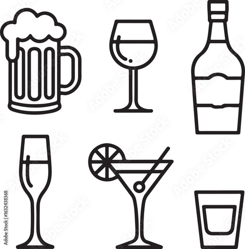 Party Alcohol Beverage Icons Bottle Pop, Clinking Glasses, Ice Bucket, Cocktail Shaker, Bar Glasses, and Celebration Spark