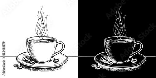 Isolated vector image of a coffee cup on transparent and black background, pencil drawing, chalk drawing  