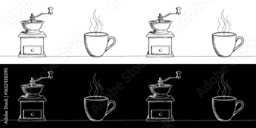 coffee grinders and cups, isolated vector image, two variants of design on transparent and black background, pencil drawing, chalk drawing, seamless border

  