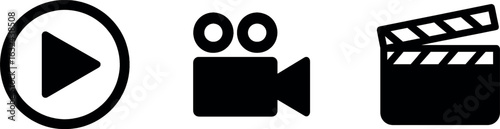 Video Media Icon Set – Play Button, Movie Camera, Clapperboard, Film, Cinema, Black Vector Clipart