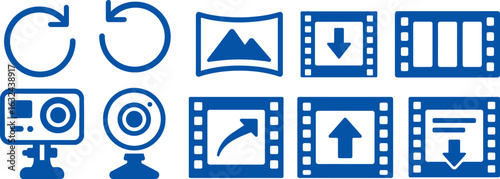 Video and Media Icon Set – Camera, Webcam, Film Strip, Download, Upload, Gallery, Refresh, Blue Vector Clipart